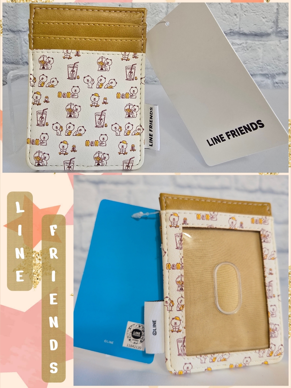 LINE FRIENDS Brown and Friends ID Card Holder Wallet Cream New